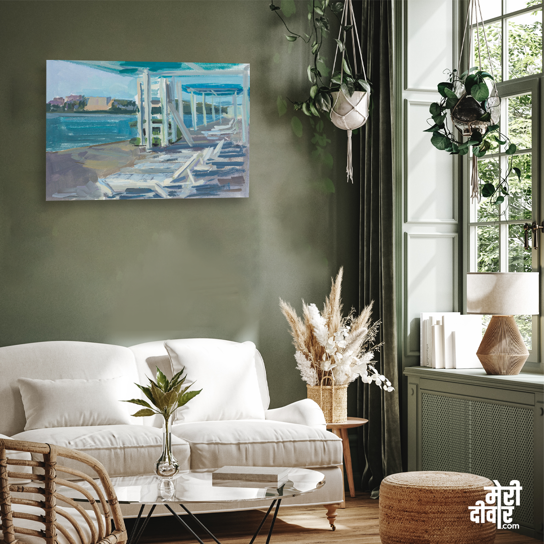 Beach Gouache Seascape Deck Chairs Painting 3 : 2 Horizontal Premium Wall Art Canvas by MeriDeewar