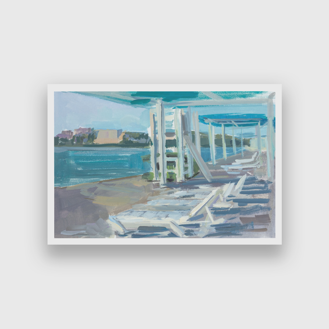Beach Gouache Seascape Deck Chairs Painting 3 : 2 Horizontal Premium Wall Art Canvas by MeriDeewar