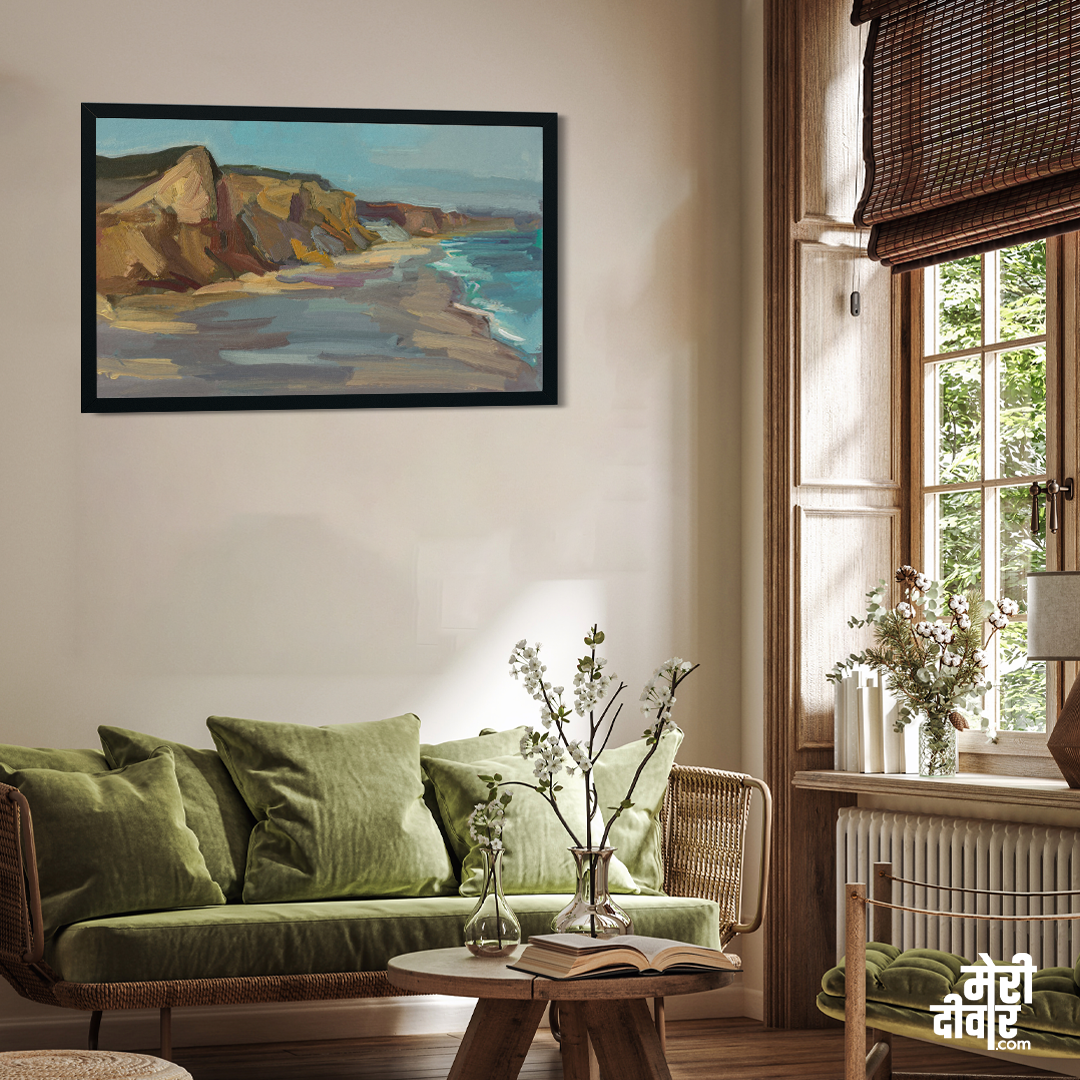 Beach Sea Mountain Sunny Seascape Without People Painting 4 : 3 Horizontal Premium Wall Art Canvas by MeriDeewar