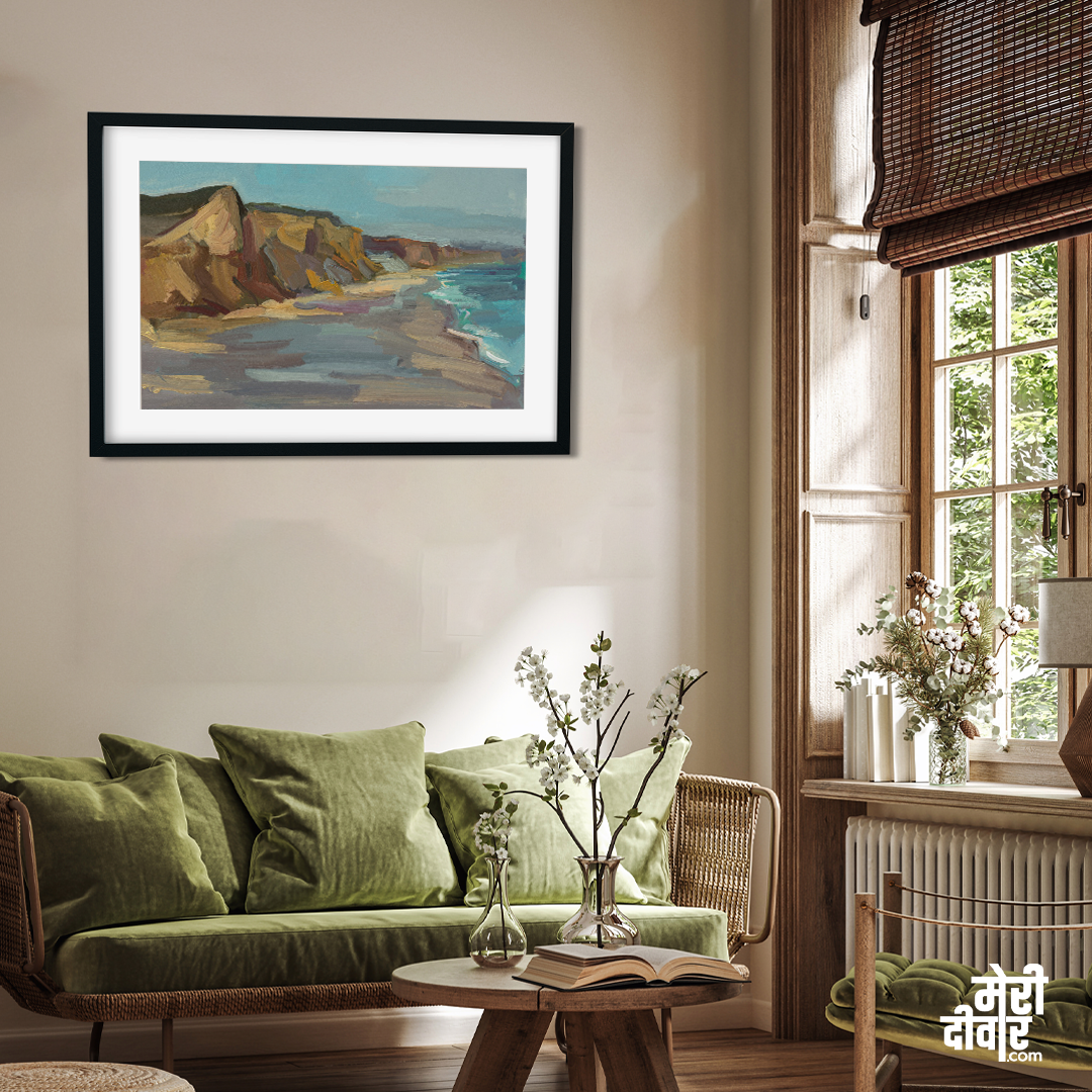 Beach Sea Mountain Sunny Seascape Without People Painting 4 : 3 Horizontal Premium Wall Art Canvas by MeriDeewar