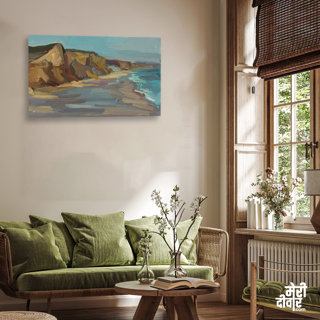 Beach Sea Mountain Sunny Seascape Without People Painting 4 : 3 Horizontal Premium Wall Art Canvas by MeriDeewar