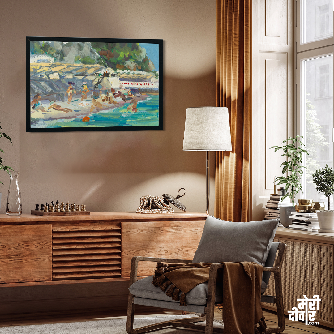 Beach Sea Summer People Gouache Painting 3 : 2 Horizontal Premium Wall Art Canvas by MeriDeewar