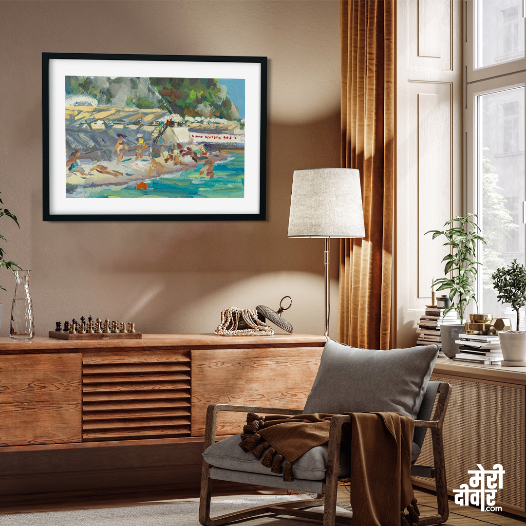 Beach Sea Summer People Gouache Painting 3 : 2 Horizontal Premium Wall Art Canvas by MeriDeewar