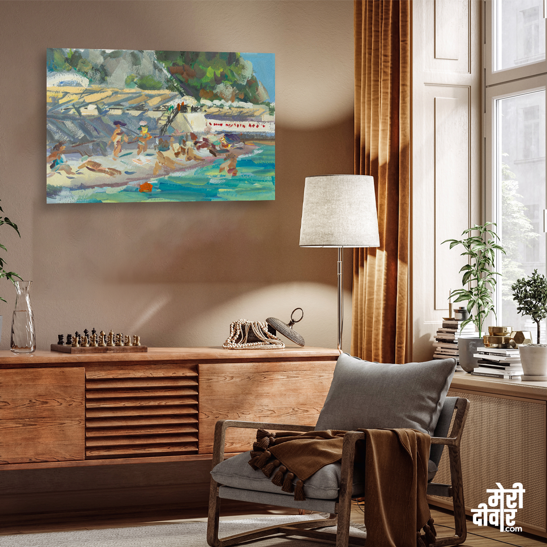 Beach Sea Summer People Gouache Painting 3 : 2 Horizontal Premium Wall Art Canvas by MeriDeewar