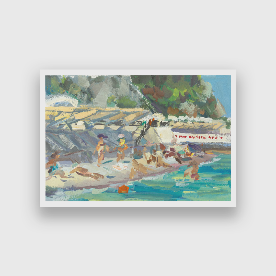 Beach Sea Summer People Gouache Painting 3 : 2 Horizontal Premium Wall Art Canvas by MeriDeewar