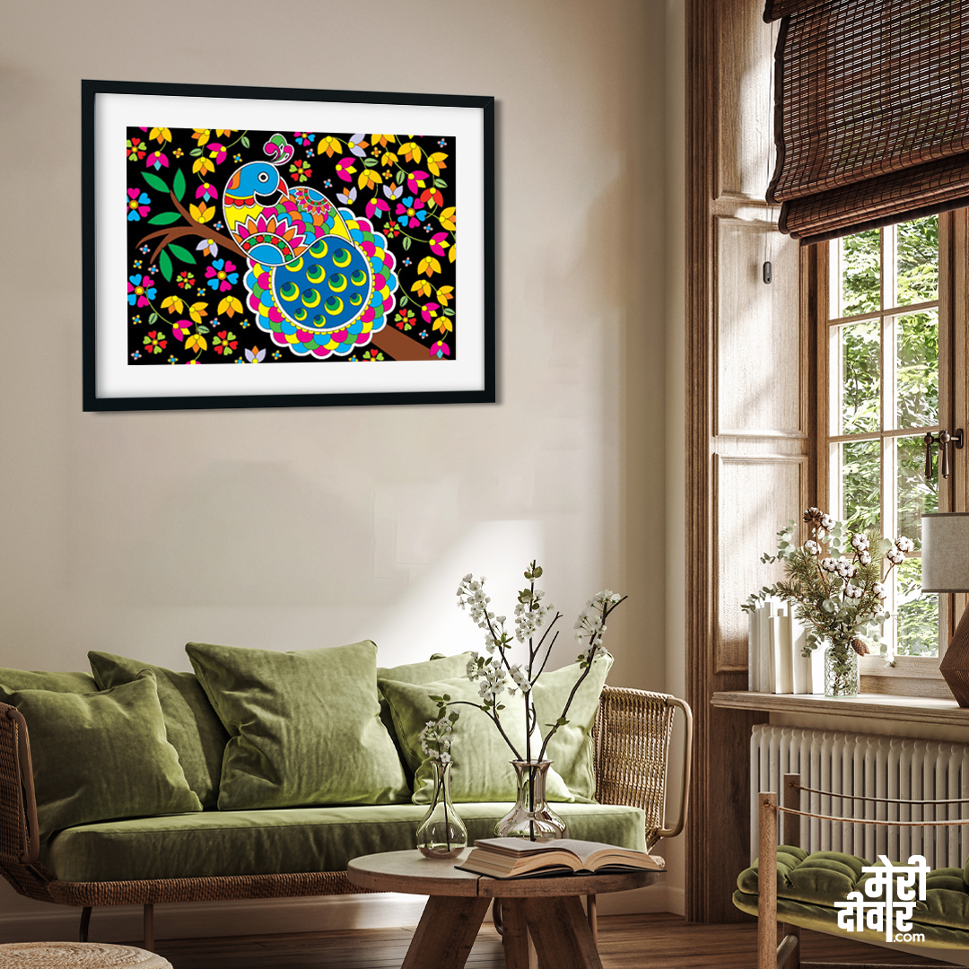Beautiful Peacock Madhubani Wall Painting 3 : 2 Horizontal Premium Wall Art Canvas by MeriDeewar