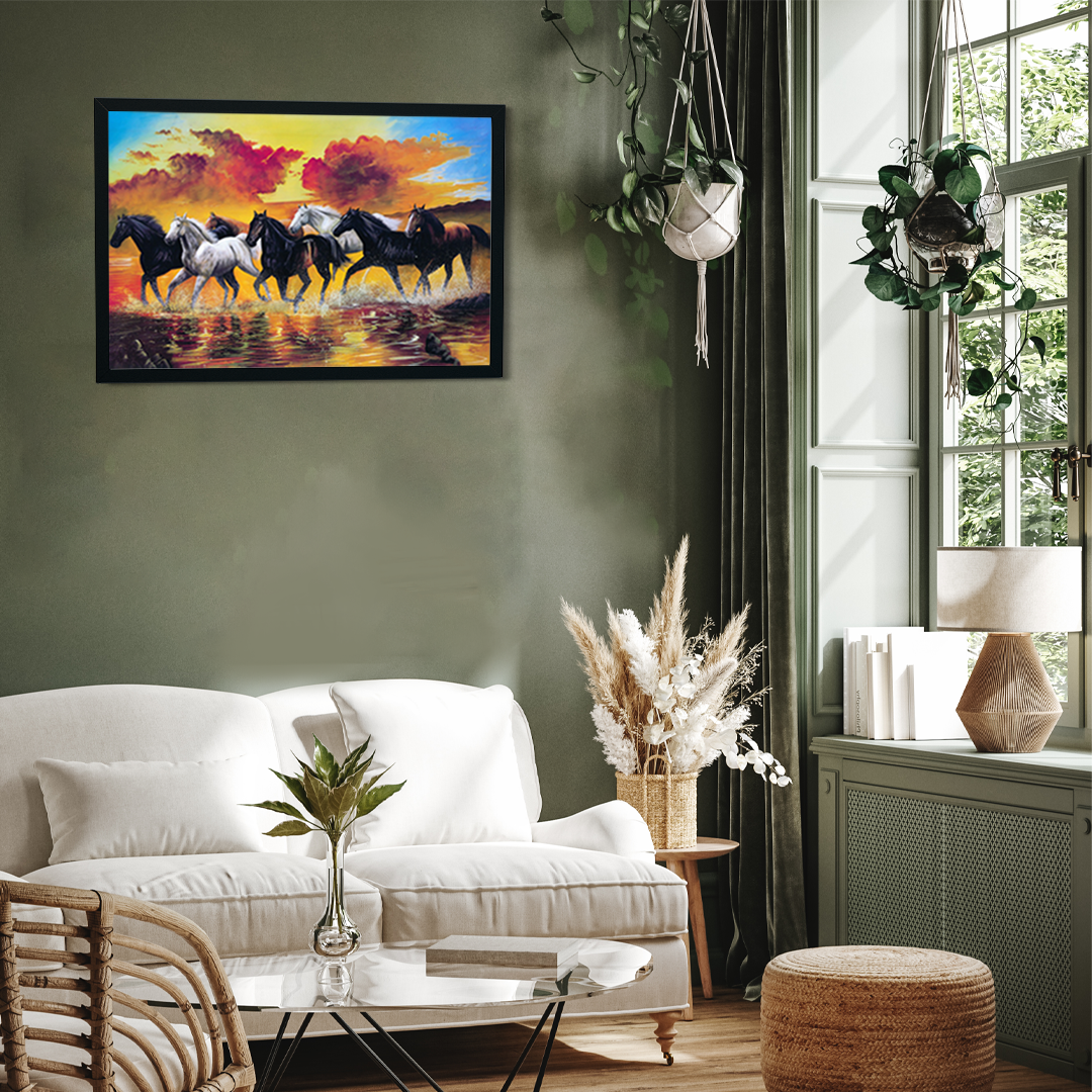 Beautiful Seven Running Black & White Horses Wall Painting 3 : 2 Horizontal Premium Wall Art Canvas by MeriDeewar