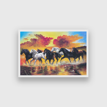 Beautiful Seven Running Black & White Horses Wall Painting 3 : 2 Horizontal Premium Wall Art Canvas by MeriDeewar