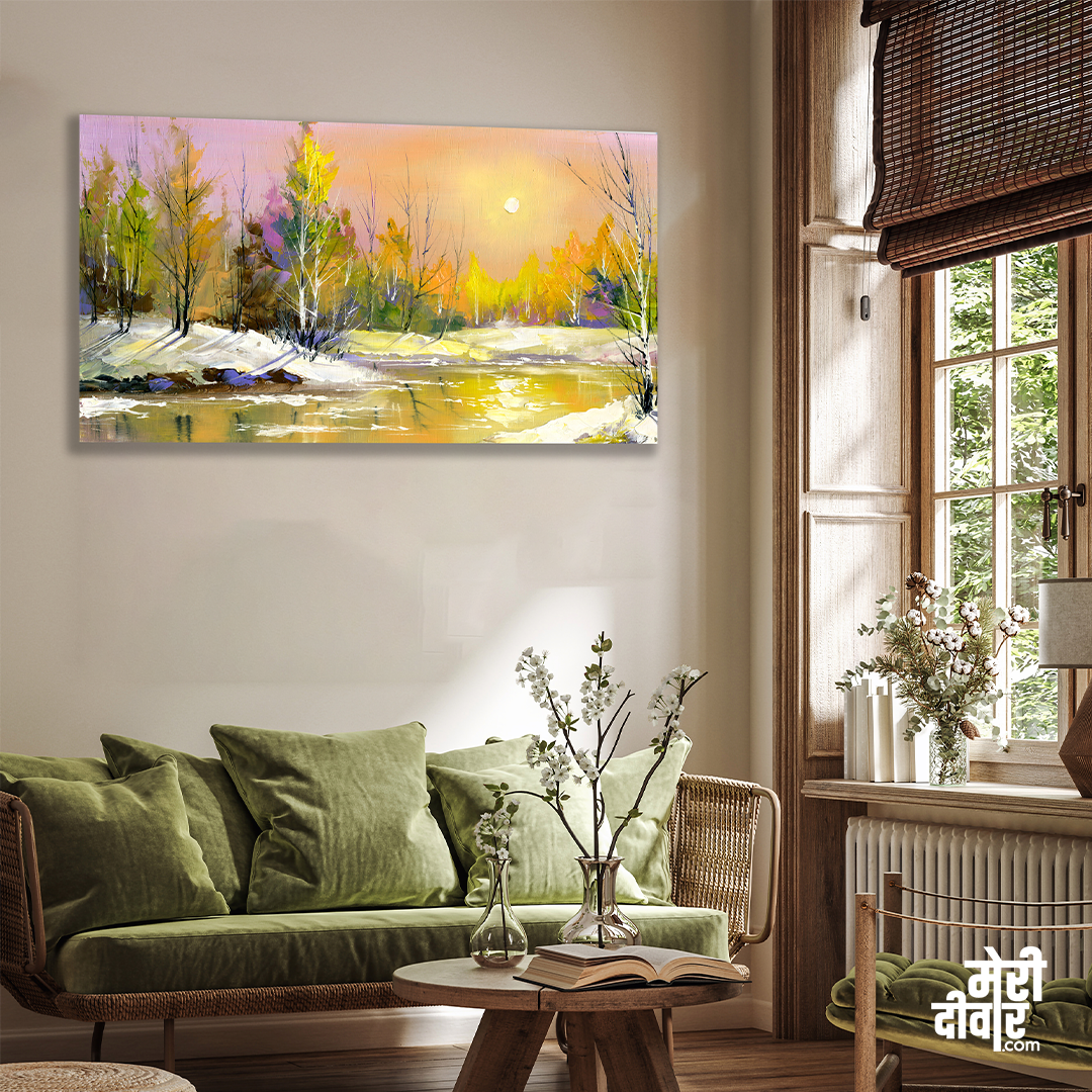 Big Panoramic Beautiful Autumn Sunrise Wall Painting 4 : 3 Horizontal Premium Wall Art Canvas by MeriDeewar