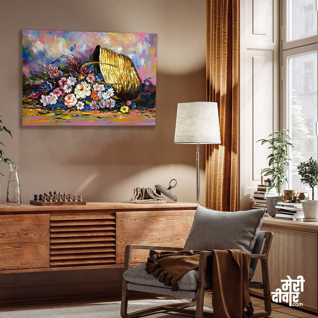 Big Panoramic Beautiful Flowers in Baskets Wall Painting 3 : 2 Horizontal Premium Wall Art Canvas by MeriDeewar