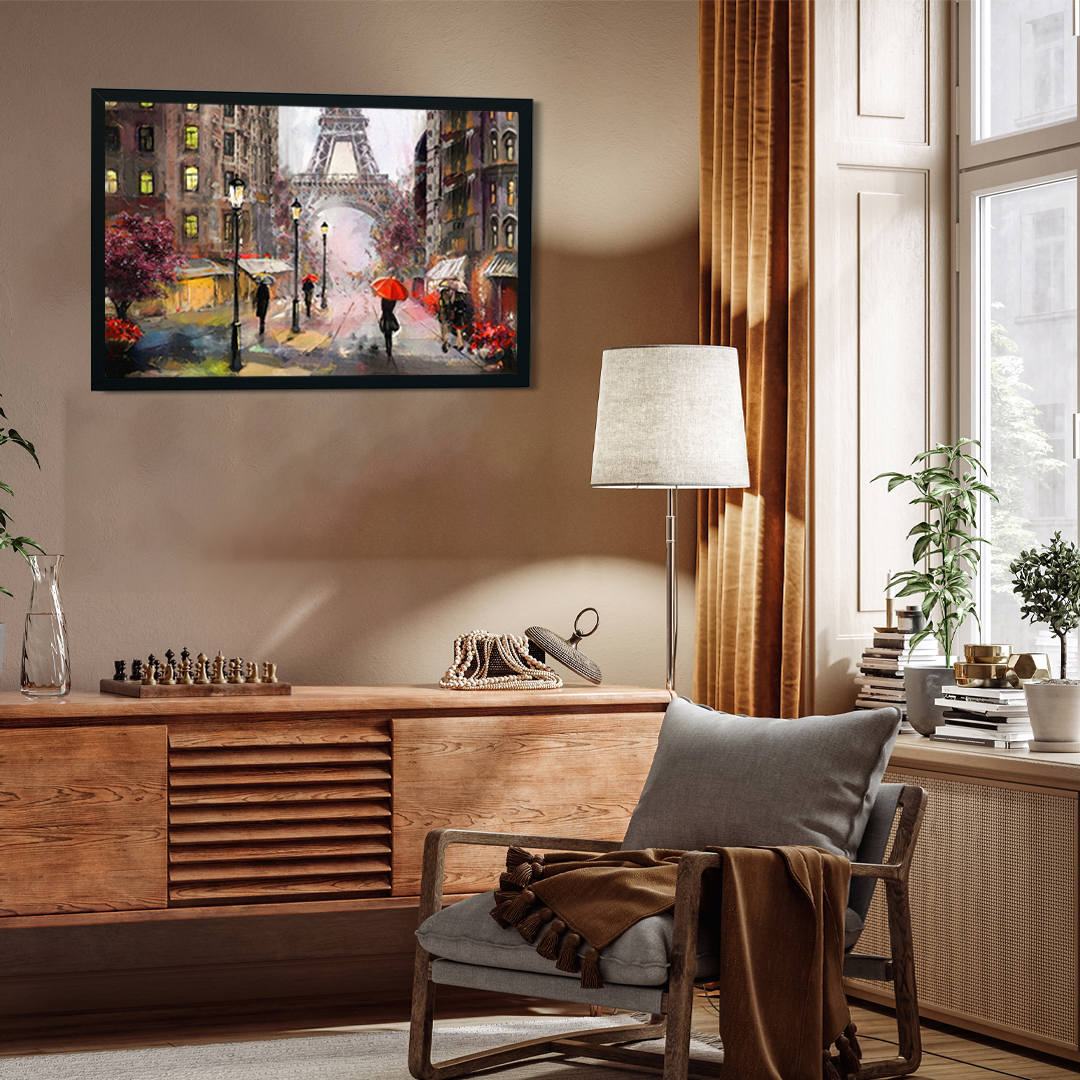 Big Panoramic Paris Street Rainy Day Scenery Wall Painting 3 : 2 Horizontal Premium Wall Art Canvas by MeriDeewar