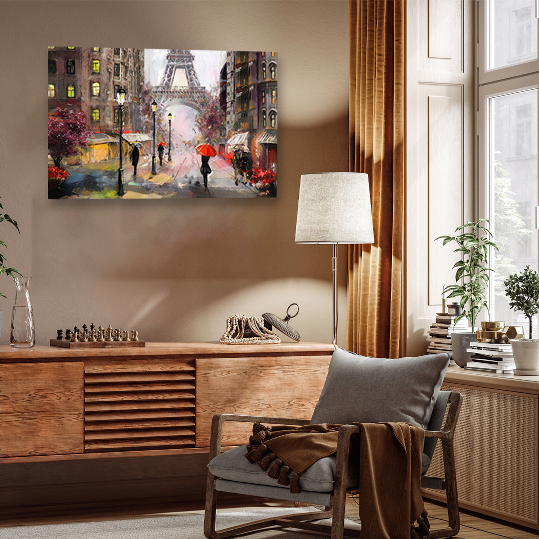Big Panoramic Paris Street Rainy Day Scenery Wall Painting 3 : 2 Horizontal Premium Wall Art Canvas by MeriDeewar