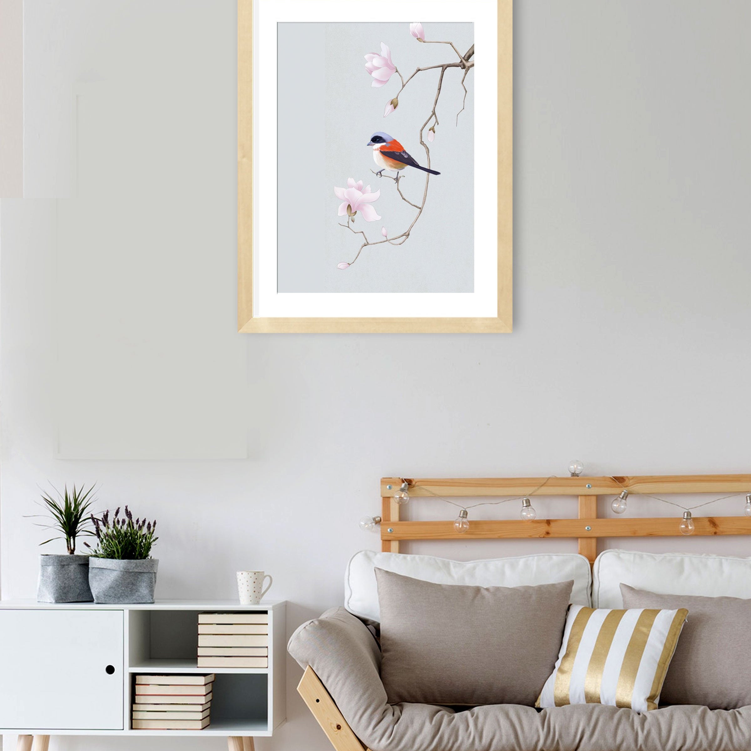 Bird and Blossom Painting-Meri Deewar 2 : 3 Vertical Premium Wall Art Canvas by MeriDeewar