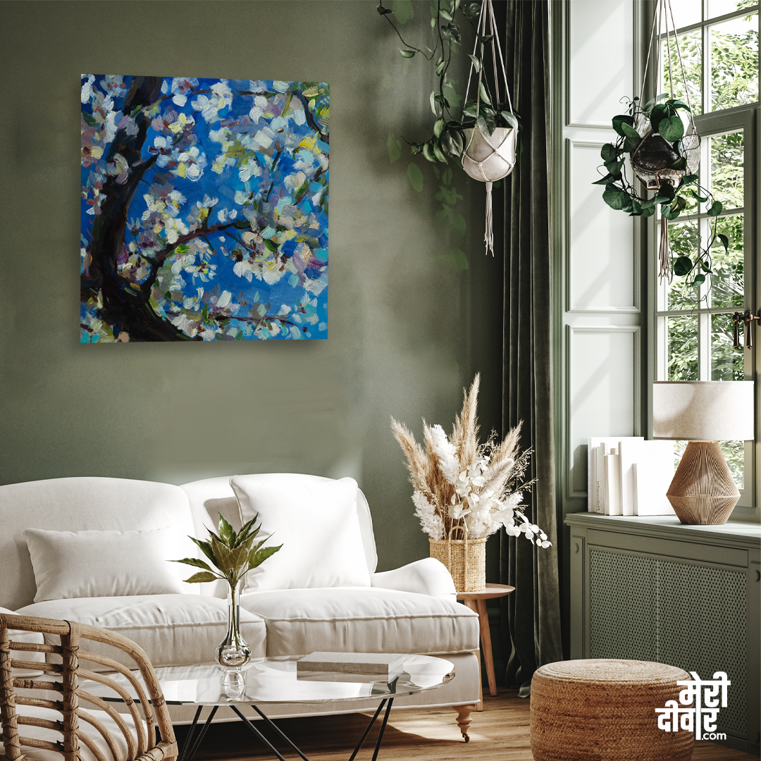 Blooming Tree Oil Painting 1 : 1 Square Premium Wall Art Canvas by MeriDeewar