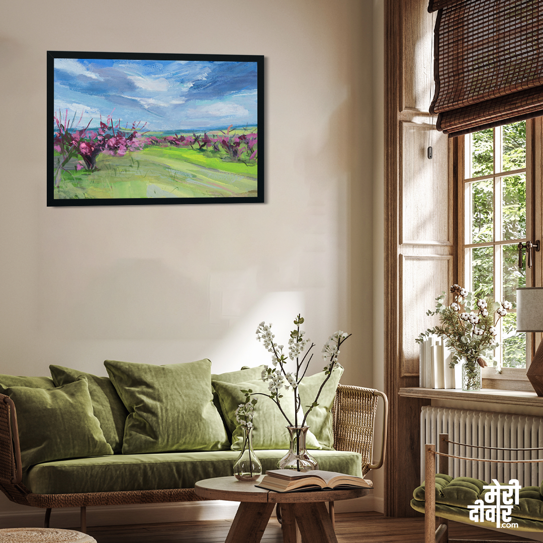 Blooming Trees Gouache Peach Garden Spring Painting 3 : 2 Horizontal Premium Wall Art Canvas by MeriDeewar