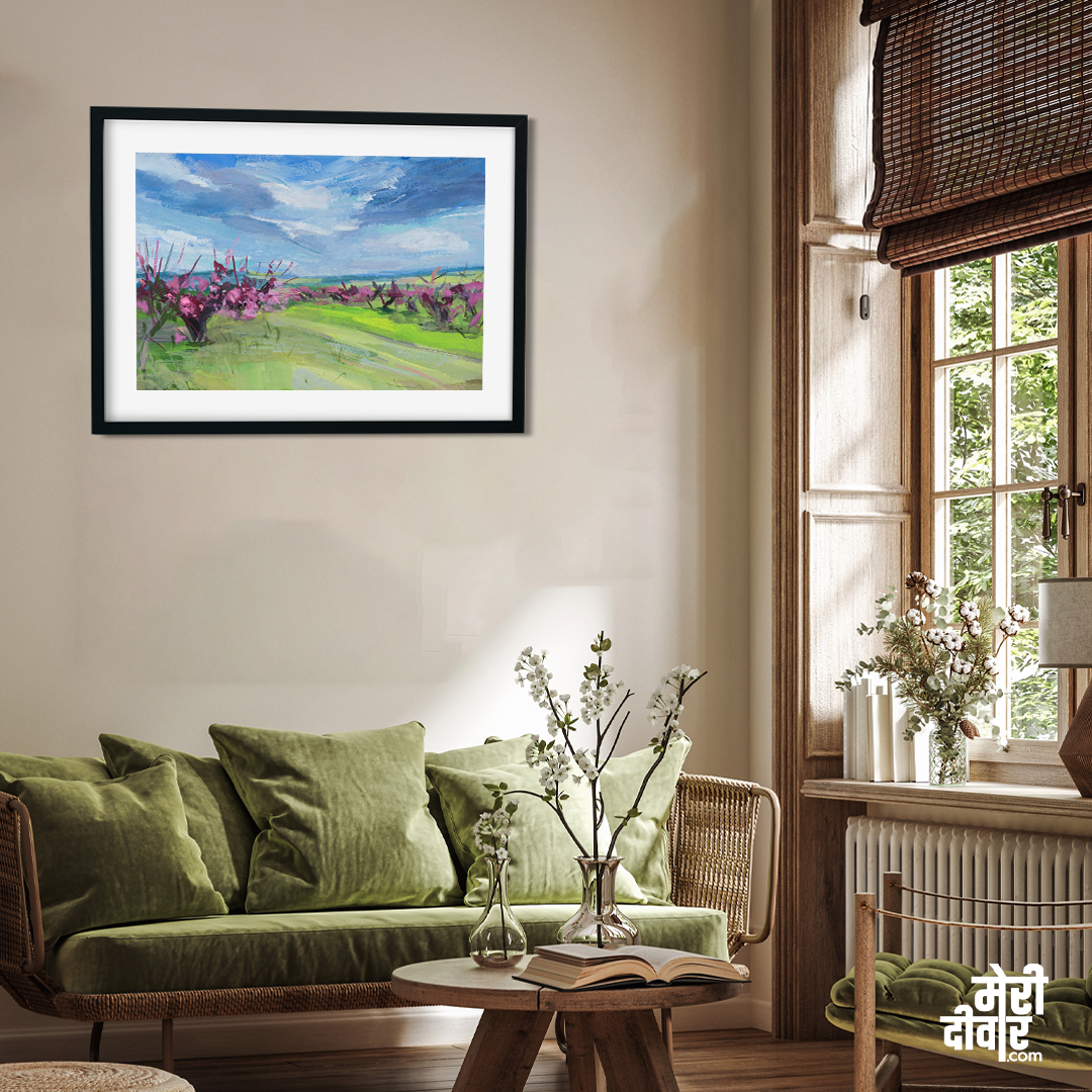 Blooming Trees Gouache Peach Garden Spring Painting 3 : 2 Horizontal Premium Wall Art Canvas by MeriDeewar