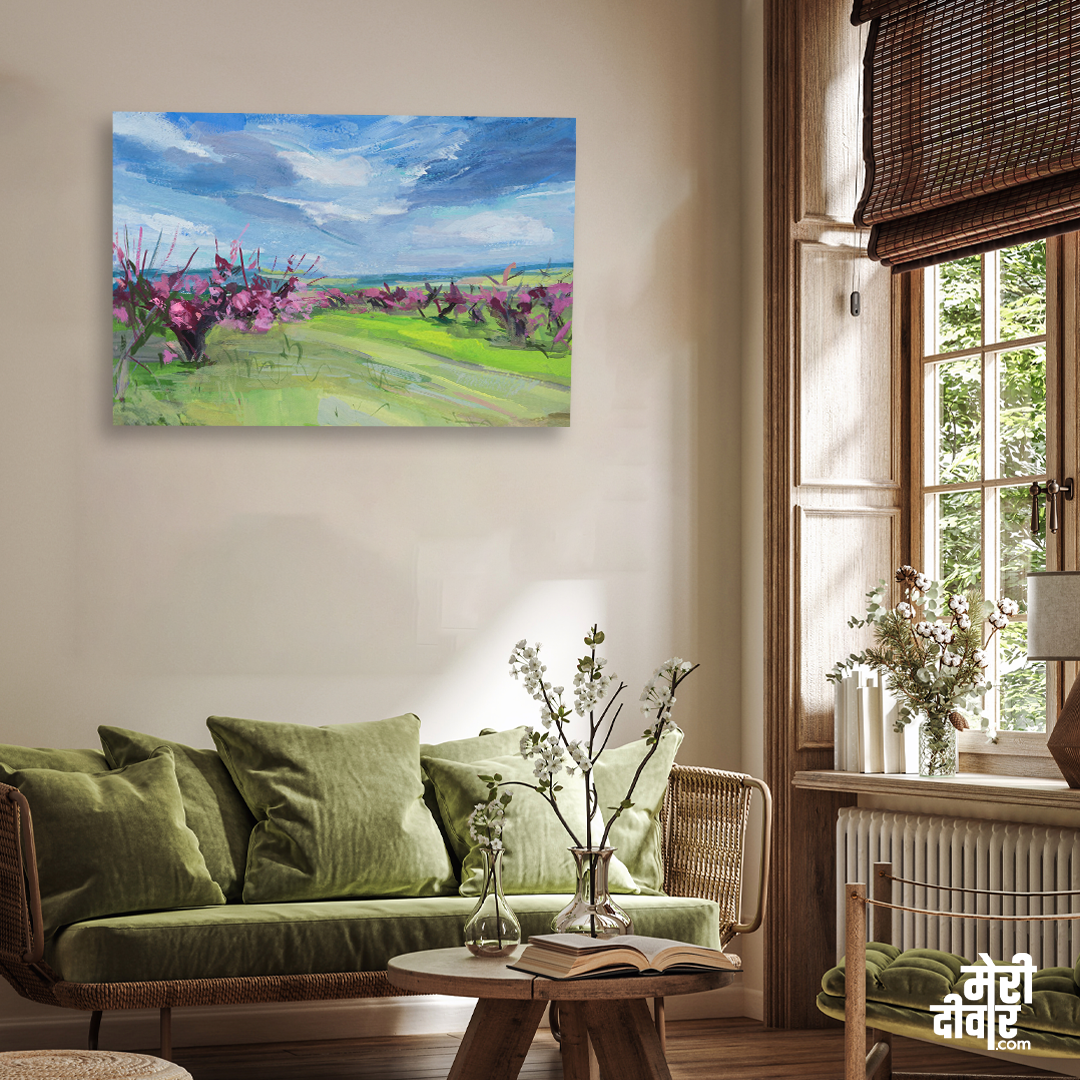 Blooming Trees Gouache Peach Garden Spring Painting 3 : 2 Horizontal Premium Wall Art Canvas by MeriDeewar