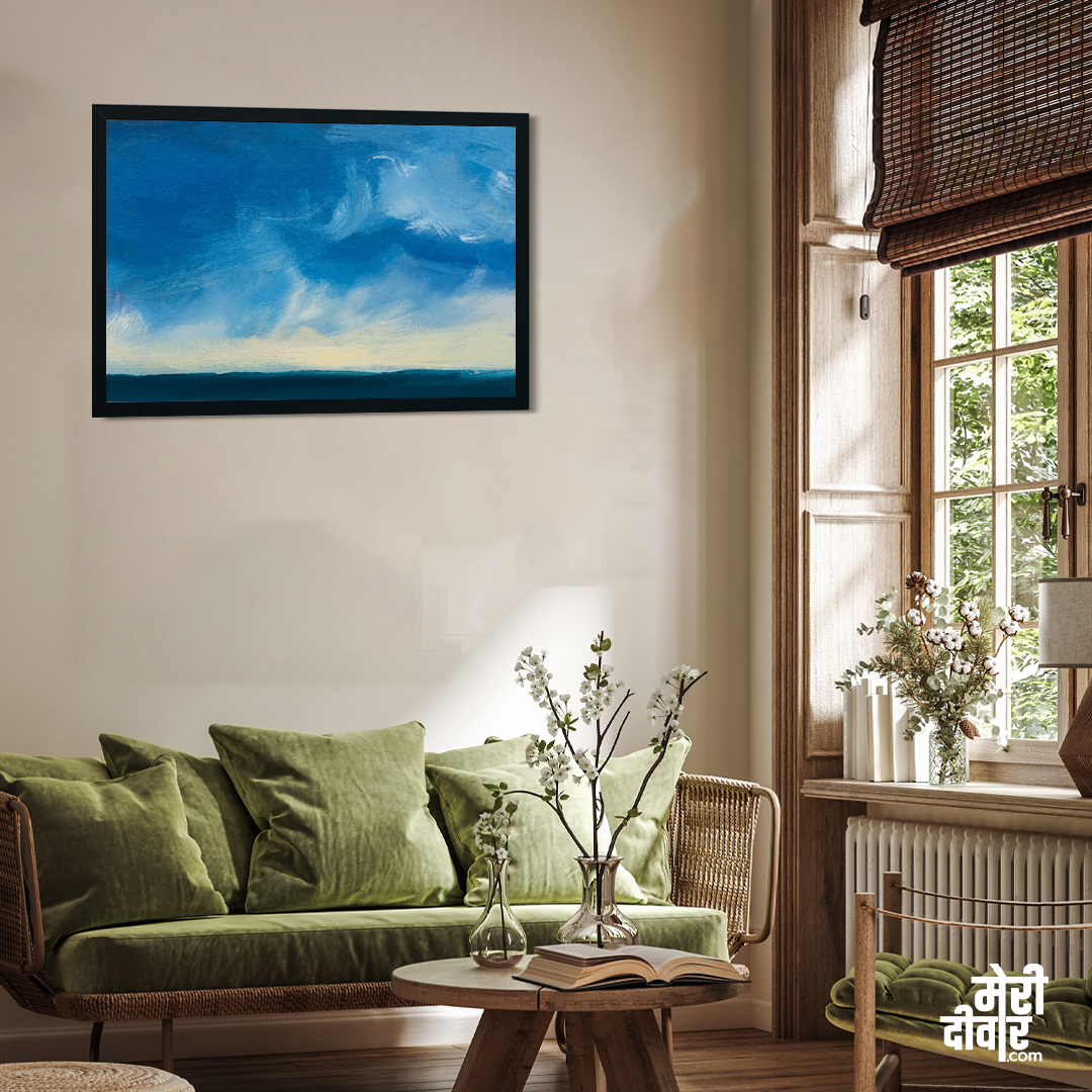 Blue Background Oil Paint Brushstrokes Painting 3 : 2 Horizontal Premium Wall Art Canvas by MeriDeewar