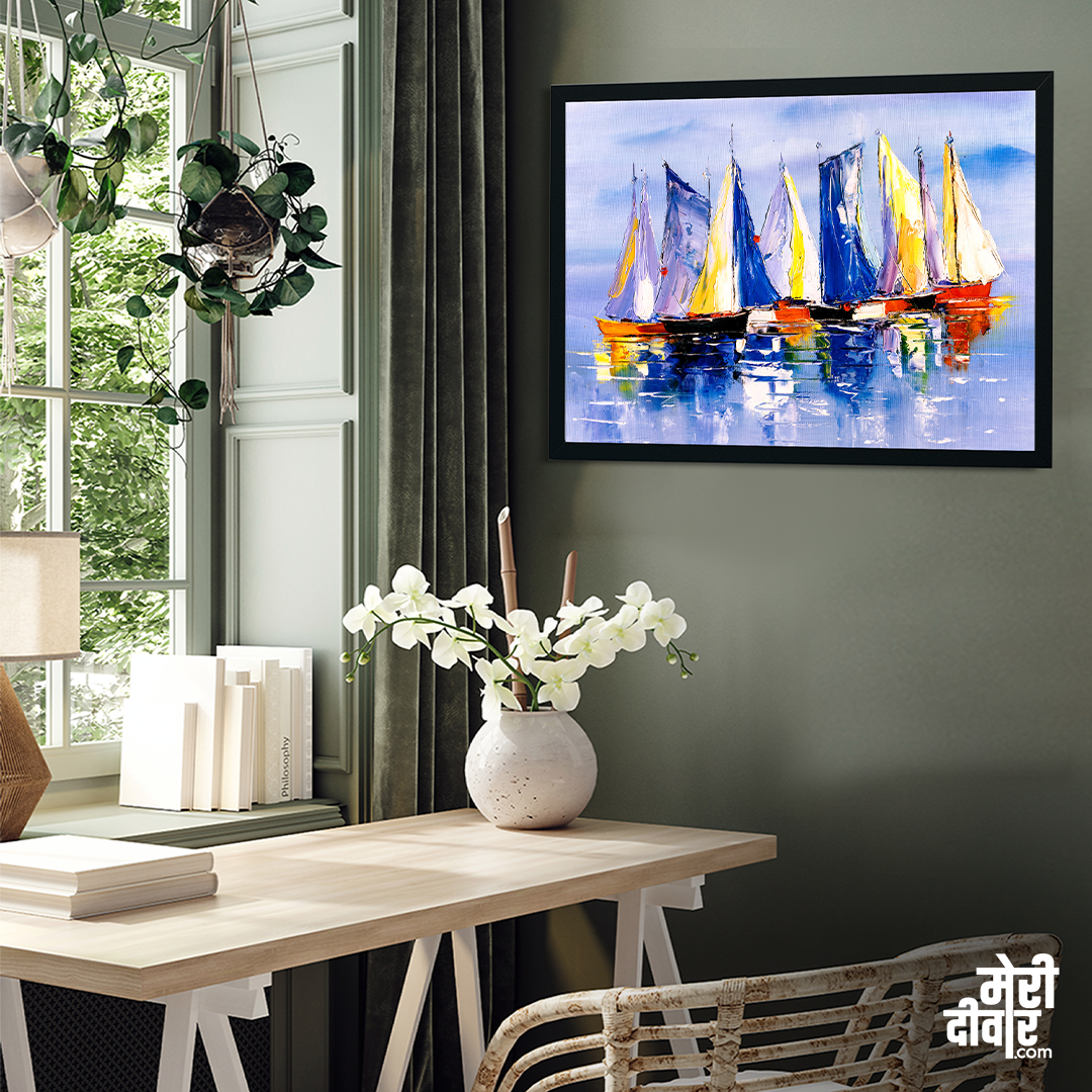 Boats in Sea Beautiful Scenery Wall Painting 4 : 3 Horizontal Premium Wall Art Canvas by MeriDeewar