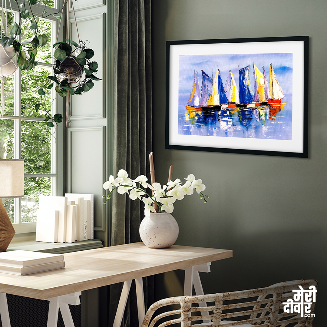Boats in Sea Beautiful Scenery Wall Painting 4 : 3 Horizontal Premium Wall Art Canvas by MeriDeewar