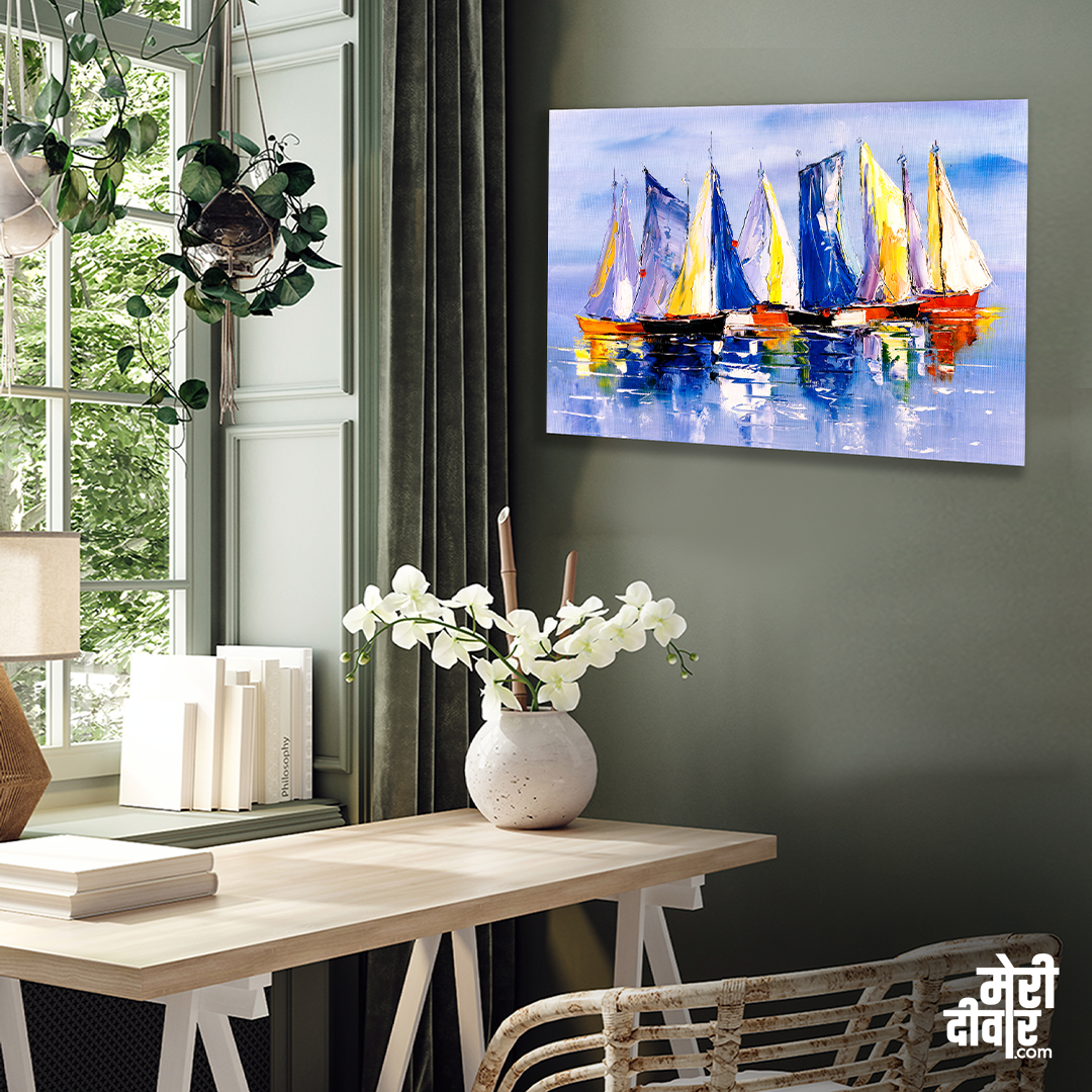 Boats in Sea Beautiful Scenery Wall Painting 4 : 3 Horizontal Premium Wall Art Canvas by MeriDeewar