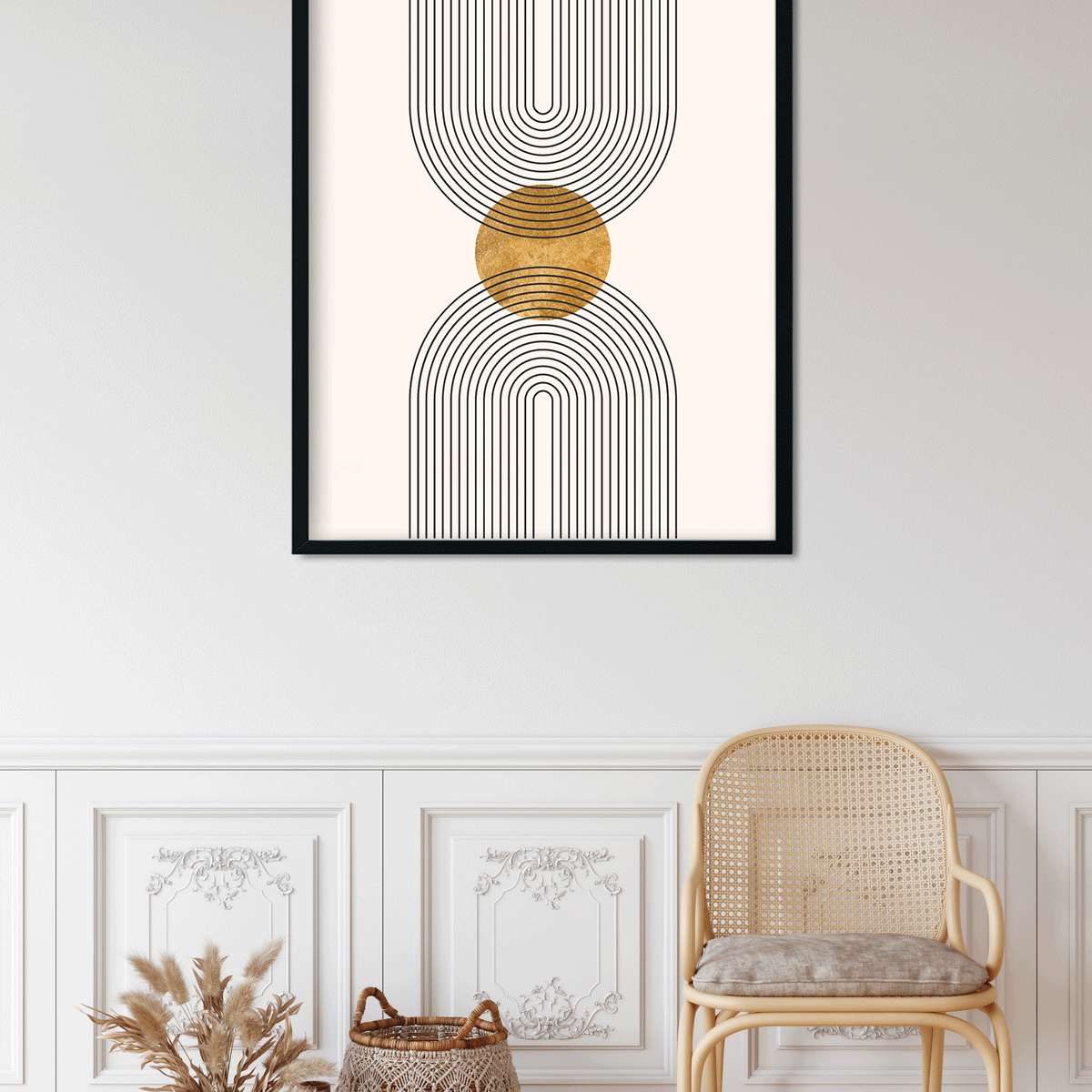 Boho art with rainbow golden shape Painting 5 : 6 Vertical Premium Wall Art Canvas by MeriDeewar