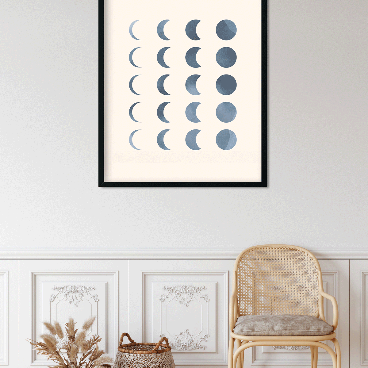 Boho prints with blue rainbow moon golden star Painting 5 : 6 Vertical Premium Wall Art Canvas by MeriDeewar