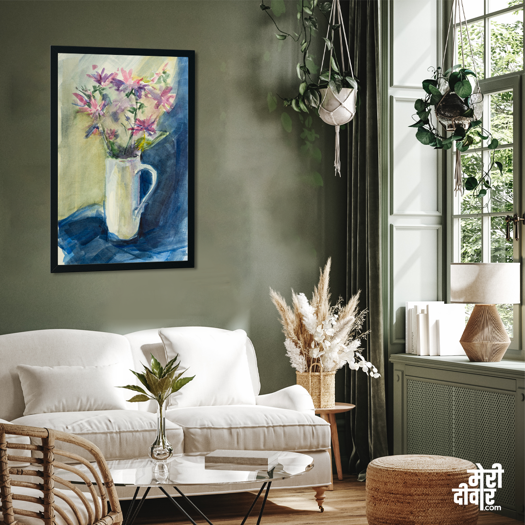 Bouquet Flowers Delicate Pink Blue Drapery Painting 3 : 4 Vertical Premium Wall Art Canvas by MeriDeewar