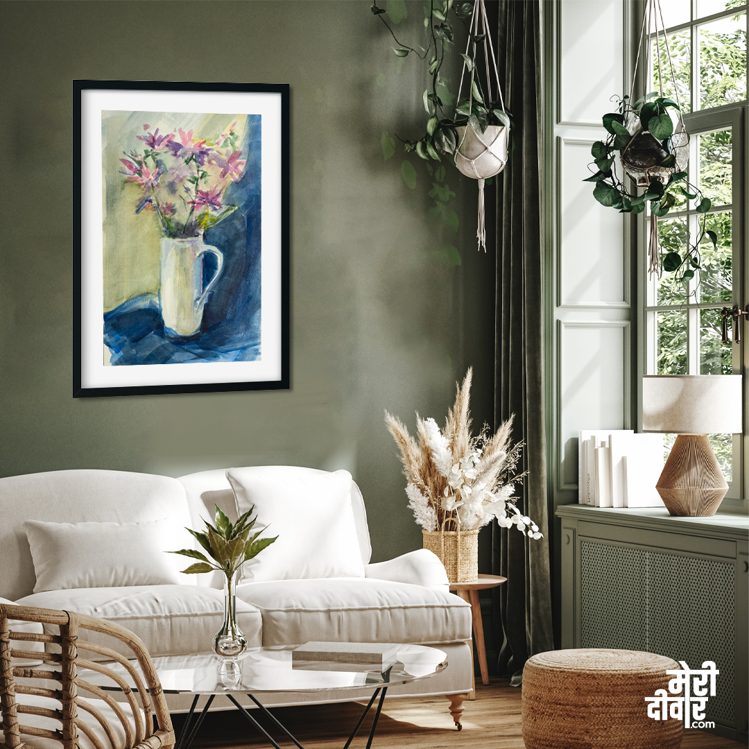 Bouquet Flowers Delicate Pink Blue Drapery Painting 3 : 4 Vertical Premium Wall Art Canvas by MeriDeewar