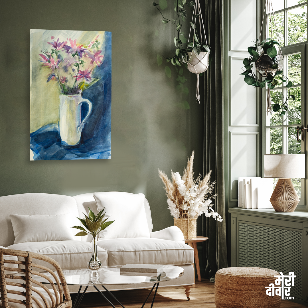 Bouquet Flowers Delicate Pink Blue Drapery Painting 3 : 4 Vertical Premium Wall Art Canvas by MeriDeewar