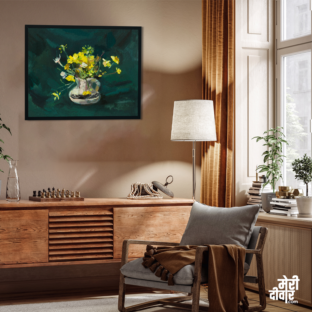 Bouquet Flowers Vase Oil Painting 4 : 3 Horizontal Premium Wall Art Canvas by MeriDeewar