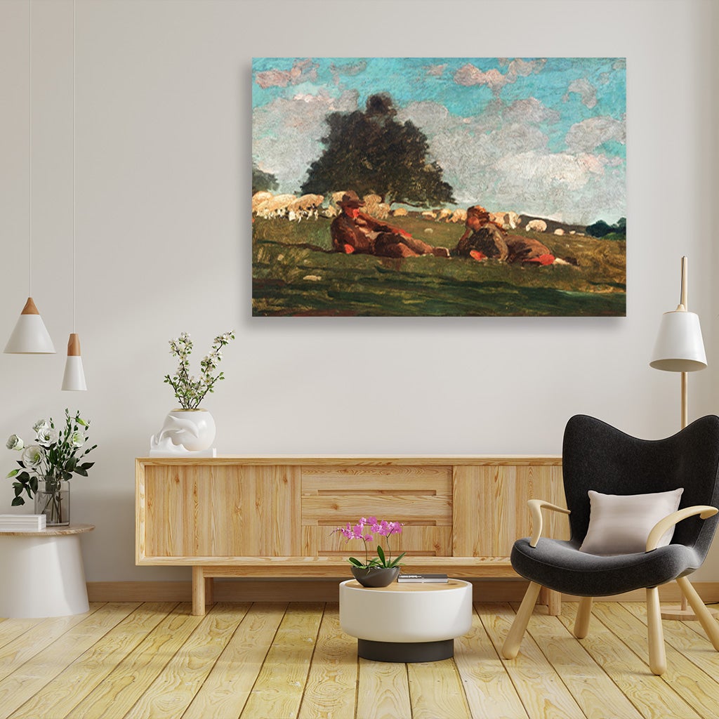 Boy and Girl in a Field with Sheep painting - Meri Deewar 3 : 2 Horizontal Premium Wall Art Canvas by MeriDeewar