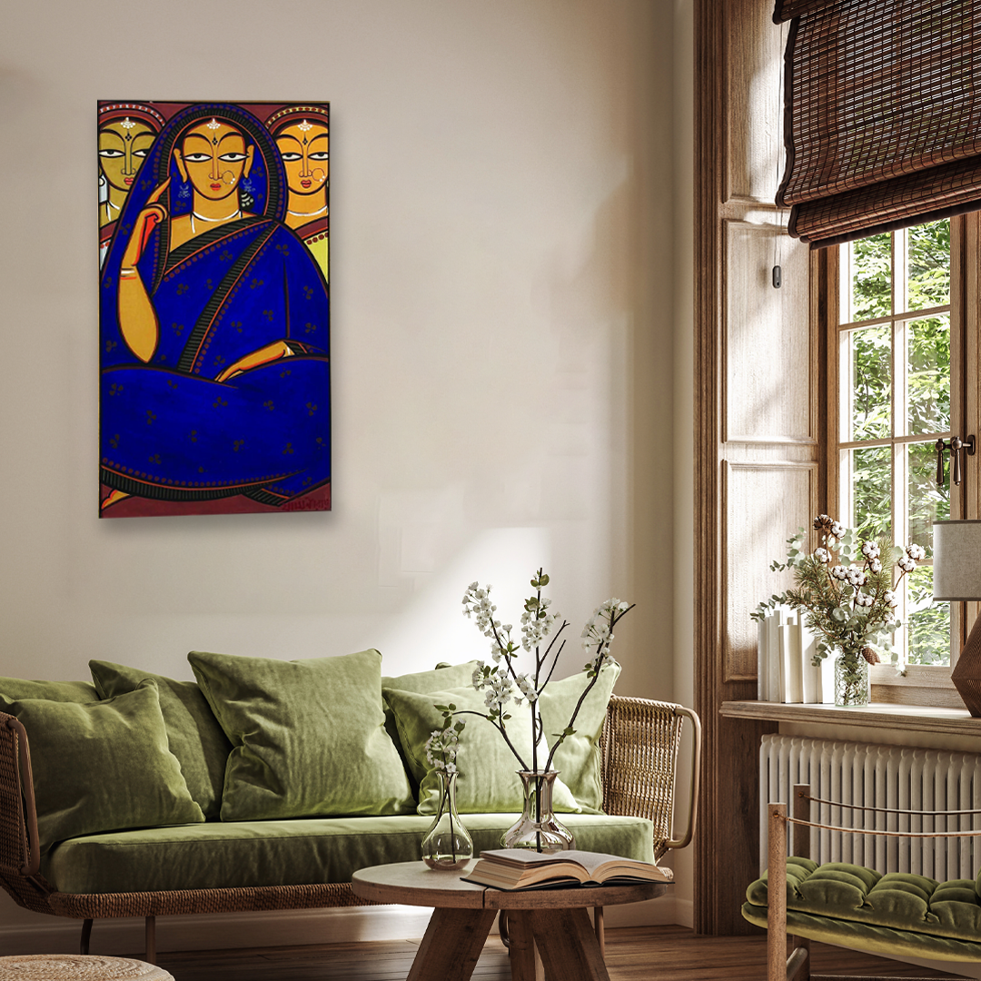 Bride and Two Companions in Blue Painting 2 : 3 Vertical Premium Wall Art Canvas by MeriDeewar