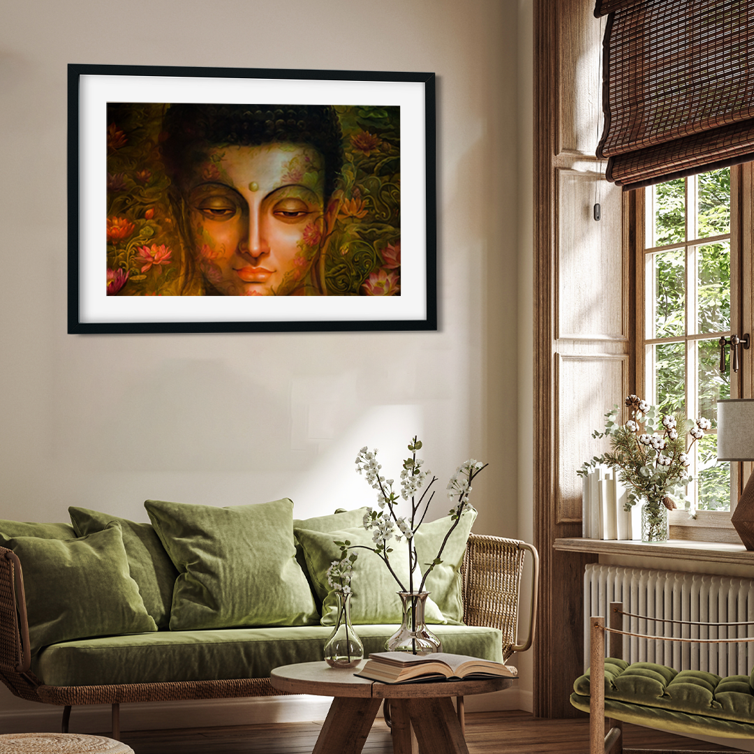 Calm Buddha With Floating Wall Painting 3 : 2 Horizontal Premium Wall Art Canvas by MeriDeewar