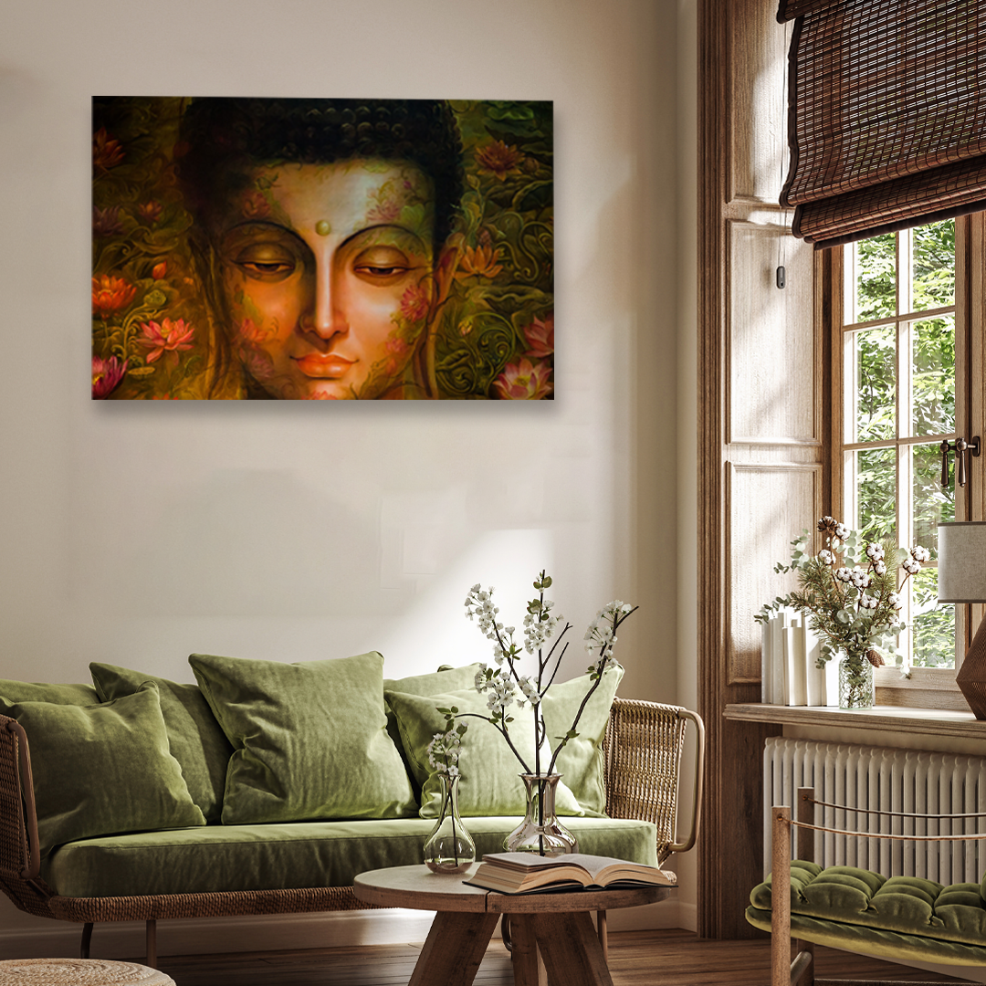 Calm Buddha With Floating Wall Painting 3 : 2 Horizontal Premium Wall Art Canvas by MeriDeewar