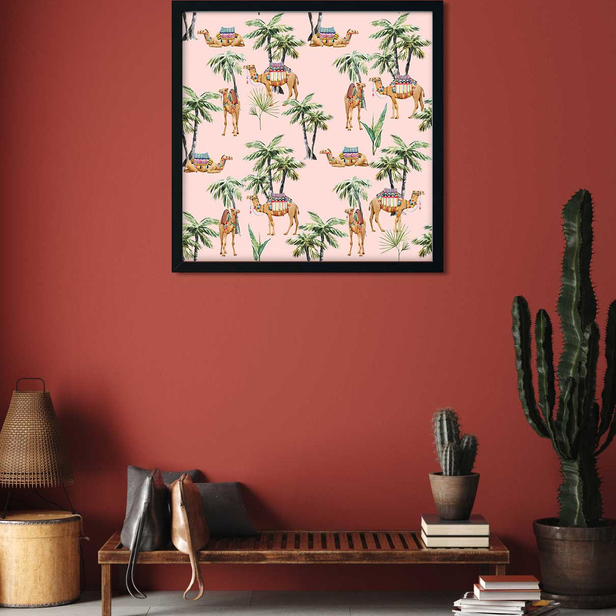 Camel and Palm Painting 1 : 1 Square Premium Wall Art Canvas by MeriDeewar