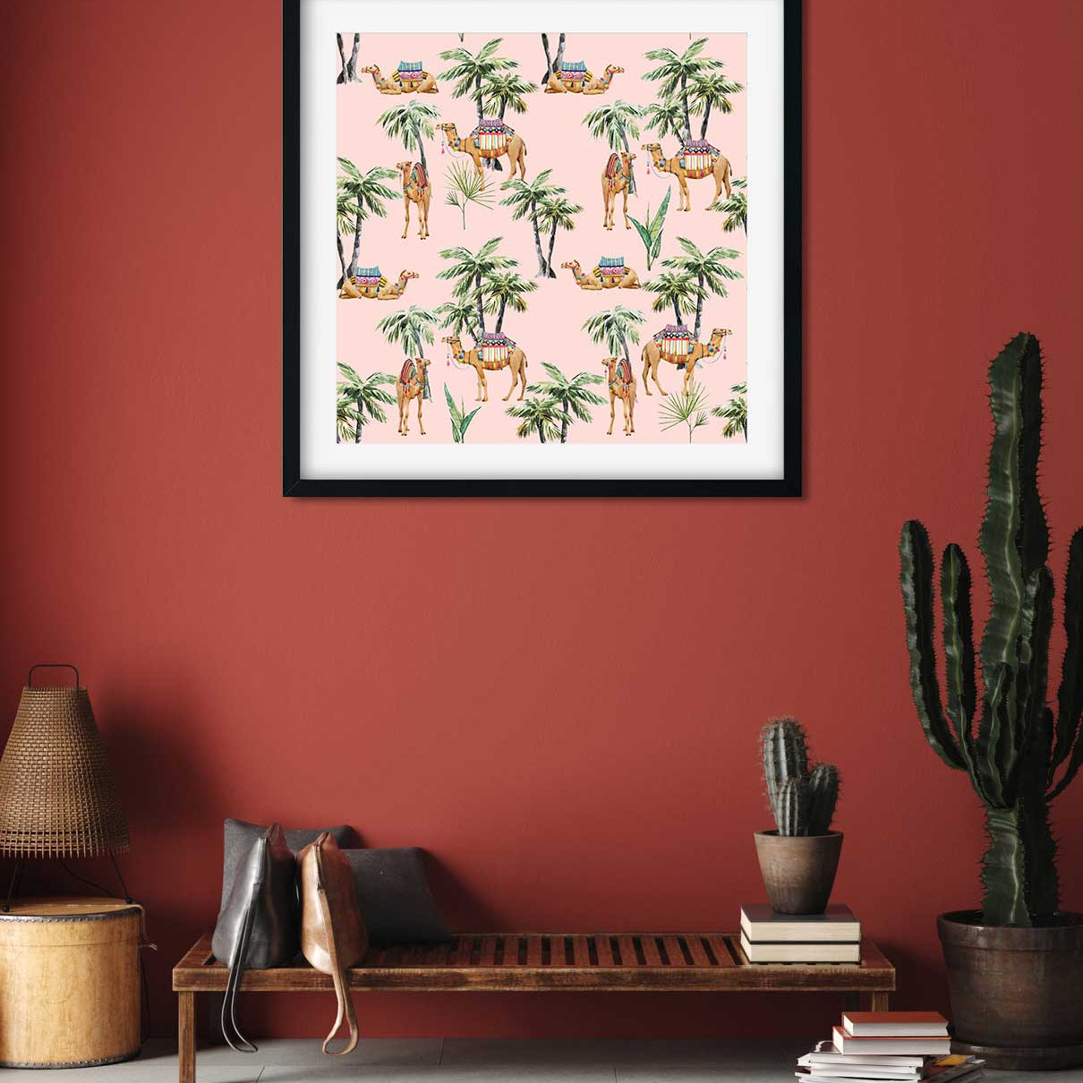 Camel and Palm Painting 1 : 1 Square Premium Wall Art Canvas by MeriDeewar