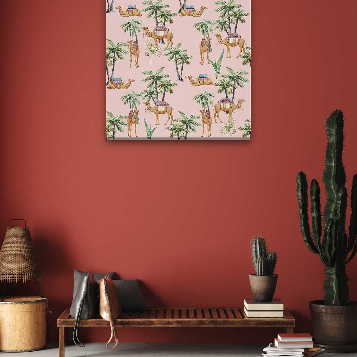 Camel and Palm Painting 1 : 1 Square Premium Wall Art Canvas by MeriDeewar