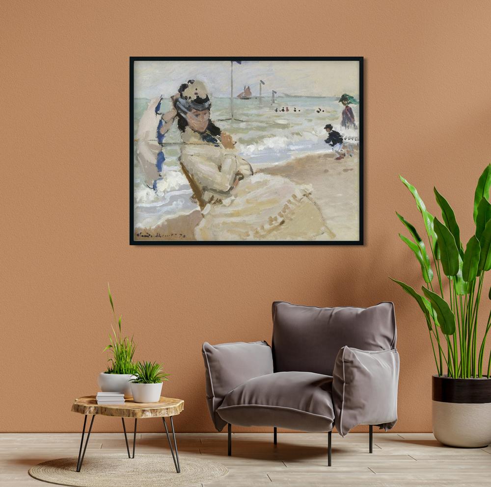 Camille on the Beach in Trouville Painting by Claude Monet - Meri Deewar 5 : 4 Horizontal Premium Wall Art Canvas by MeriDeewar