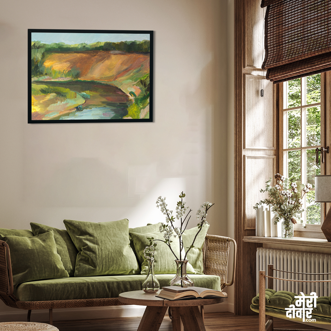 Canal Lake Painting 4 : 3 Horizontal Premium Wall Art Canvas by MeriDeewar