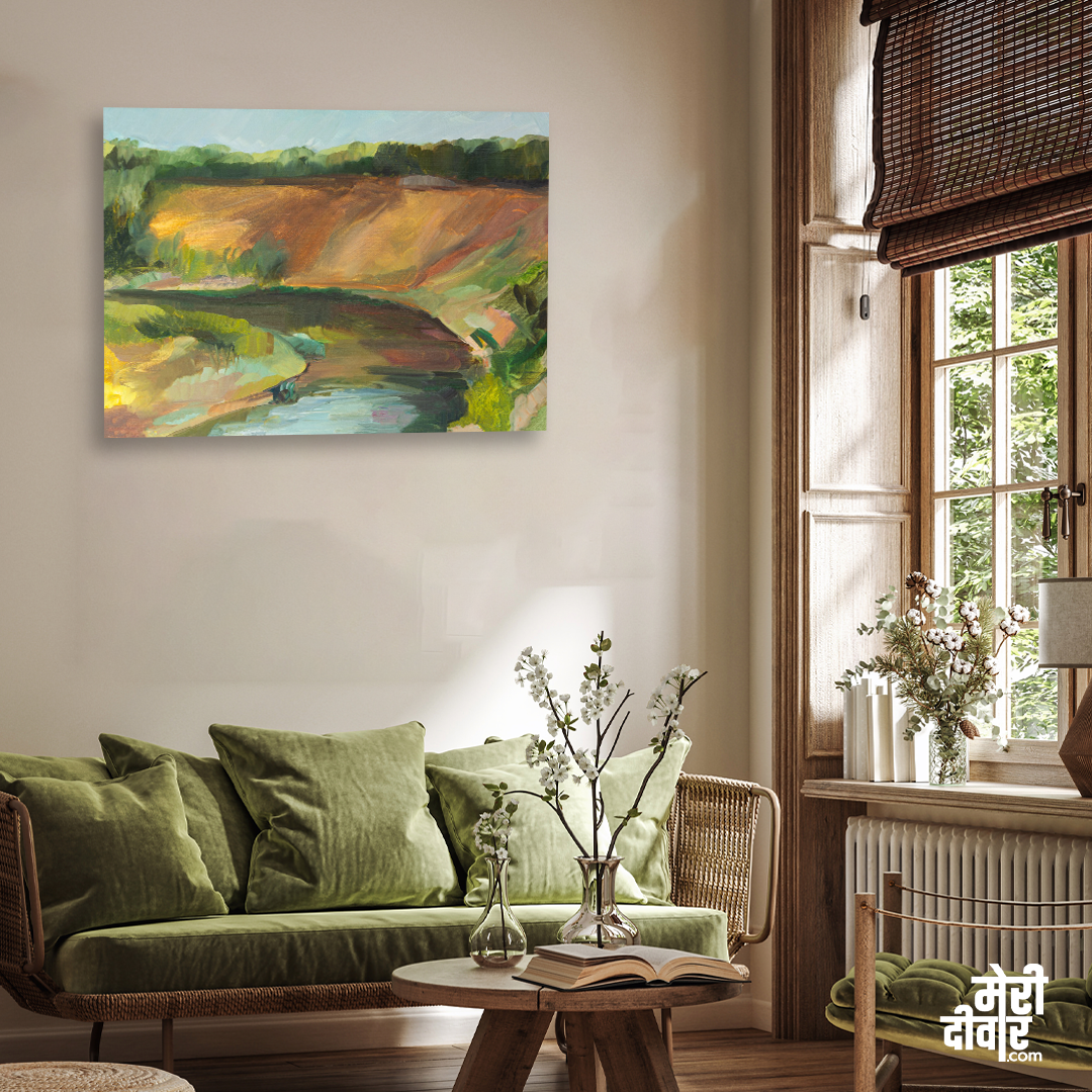 Canal Lake Painting 4 : 3 Horizontal Premium Wall Art Canvas by MeriDeewar