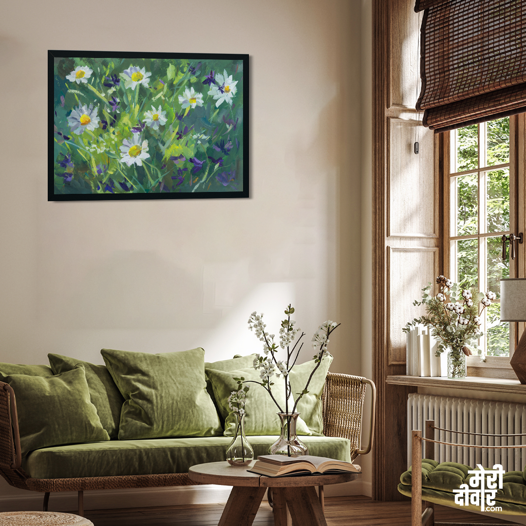 Chamomile Field Gouache Painting 4 : 3 Horizontal Premium Wall Art Canvas by MeriDeewar