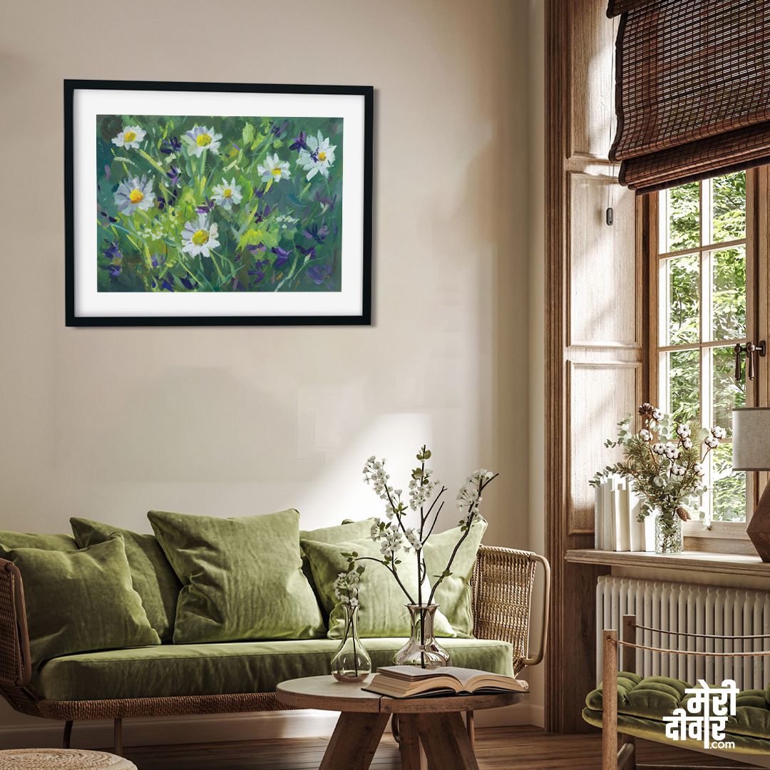 Chamomile Field Gouache Painting 4 : 3 Horizontal Premium Wall Art Canvas by MeriDeewar