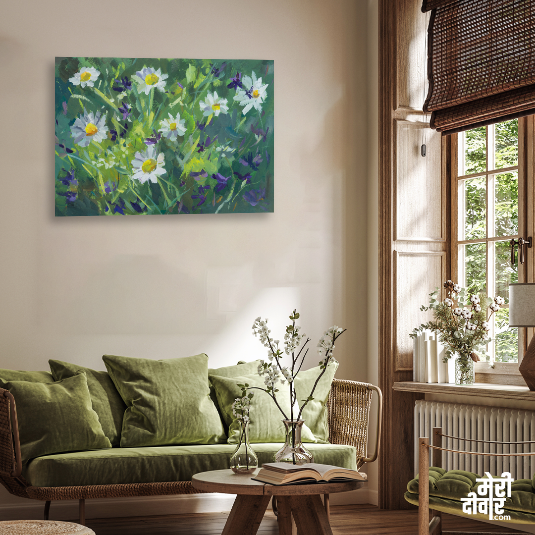 Chamomile Field Gouache Painting 4 : 3 Horizontal Premium Wall Art Canvas by MeriDeewar