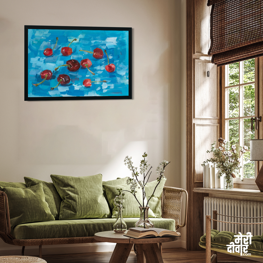 Cherry Painting Gouache Blue Background 3 : 2 Horizontal Premium Wall Art Canvas by MeriDeewar