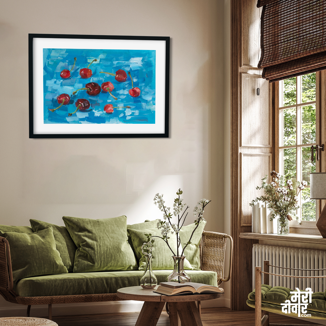 Cherry Painting Gouache Blue Background 3 : 2 Horizontal Premium Wall Art Canvas by MeriDeewar