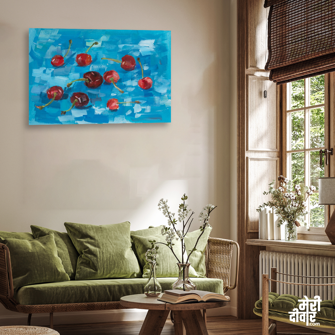Cherry Painting Gouache Blue Background 3 : 2 Horizontal Premium Wall Art Canvas by MeriDeewar