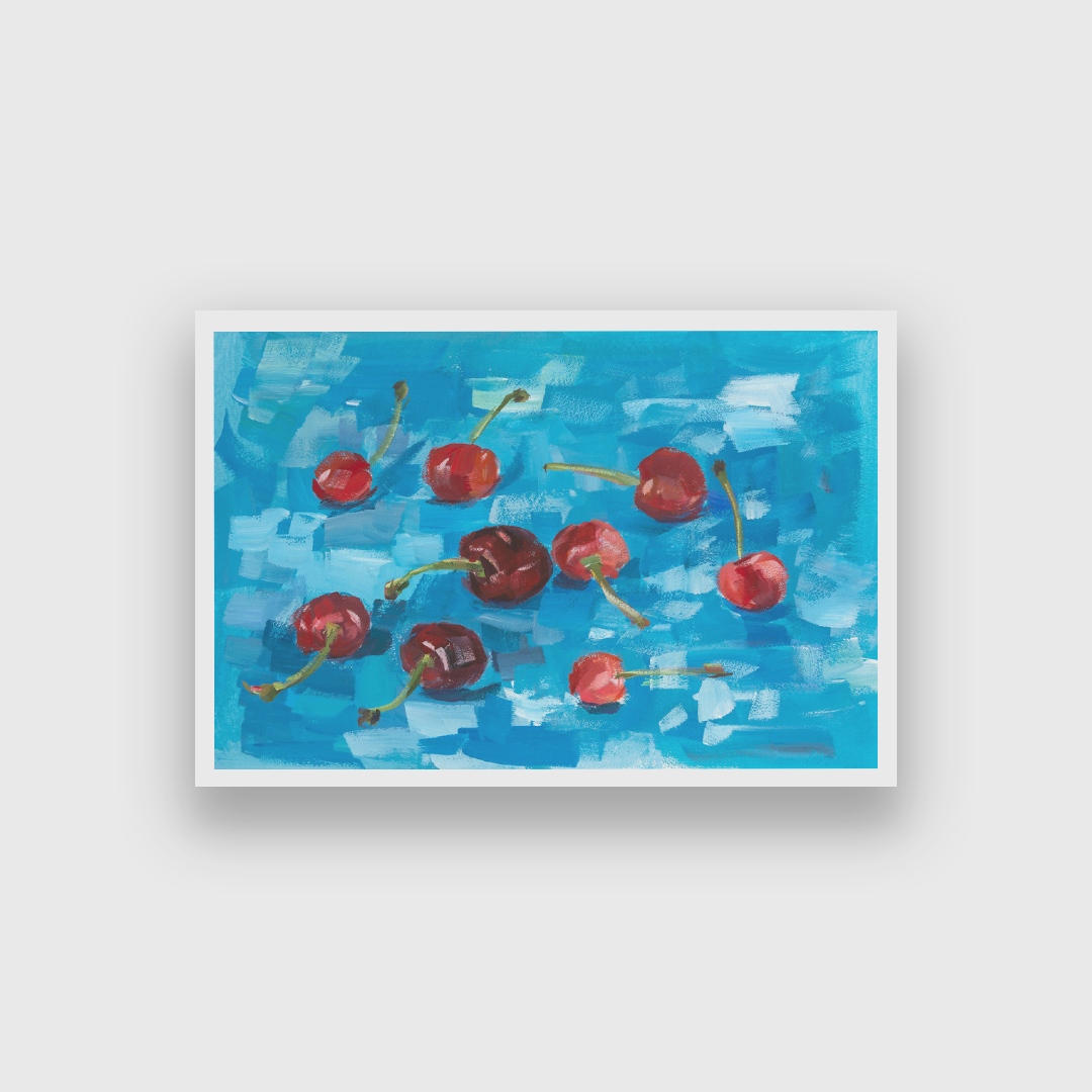 Cherry Painting Gouache Blue Background 3 : 2 Horizontal Premium Wall Art Canvas by MeriDeewar