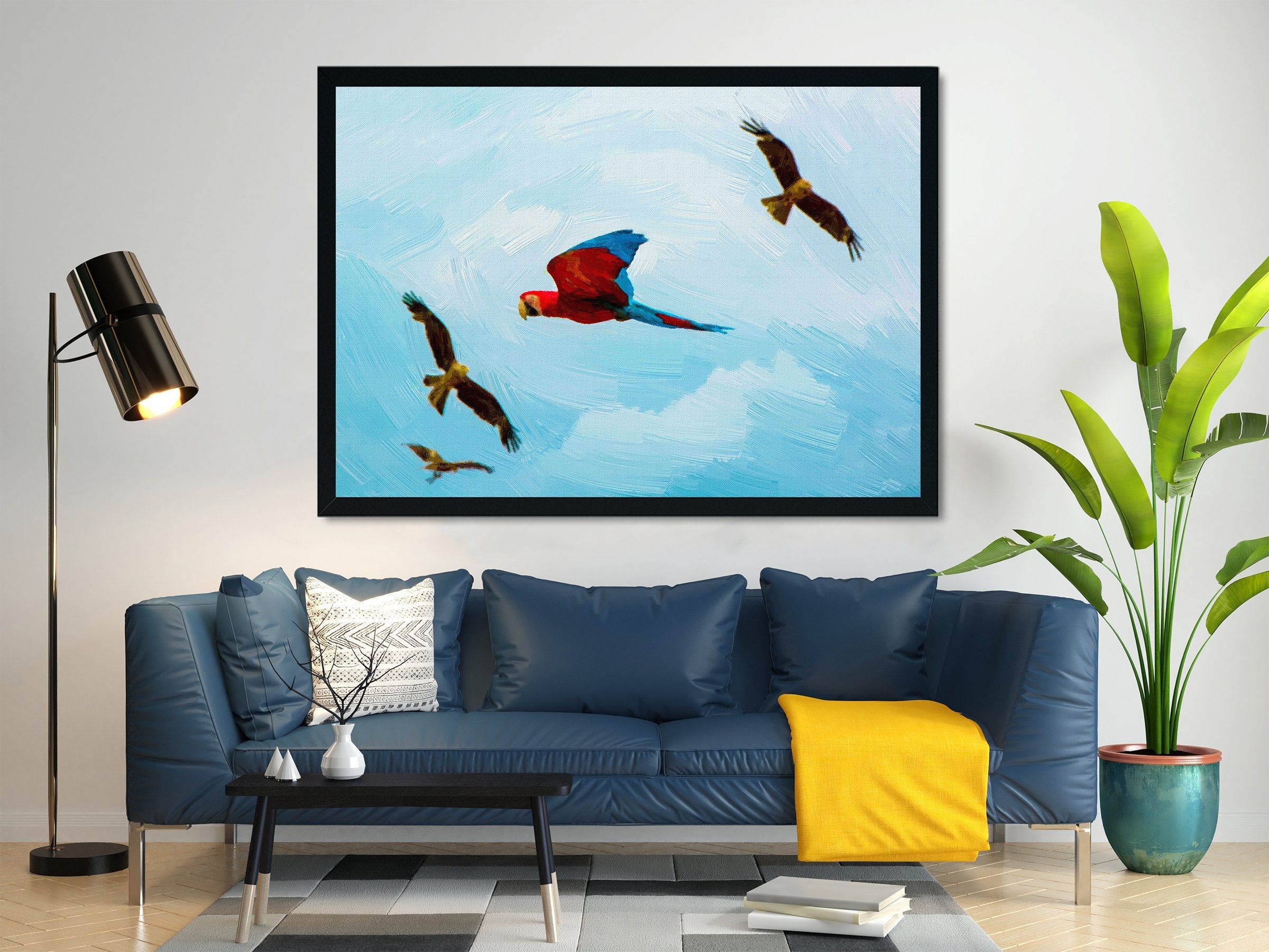 Colorful flying parrot Painting - Meri Deewar 3 : 2 Horizontal Premium Wall Art Canvas by MeriDeewar