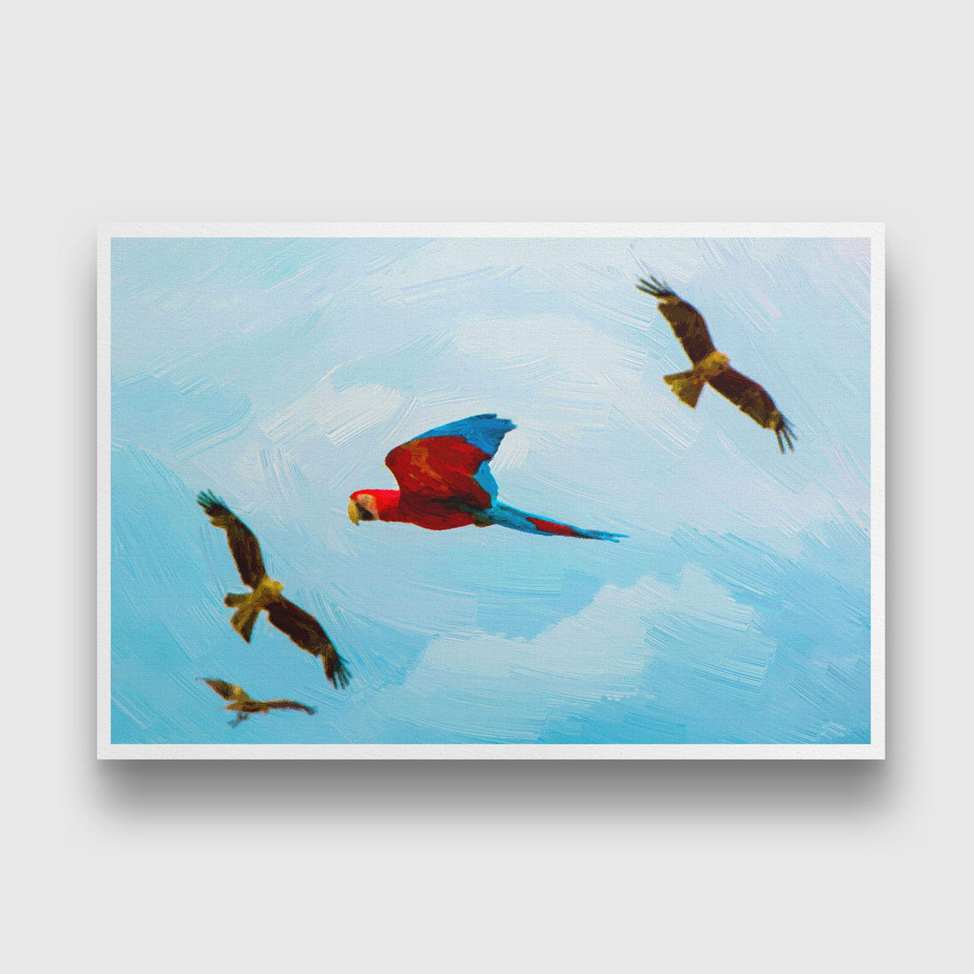 Colorful flying parrot Painting - Meri Deewar 3 : 2 Horizontal Premium Wall Art Canvas by MeriDeewar